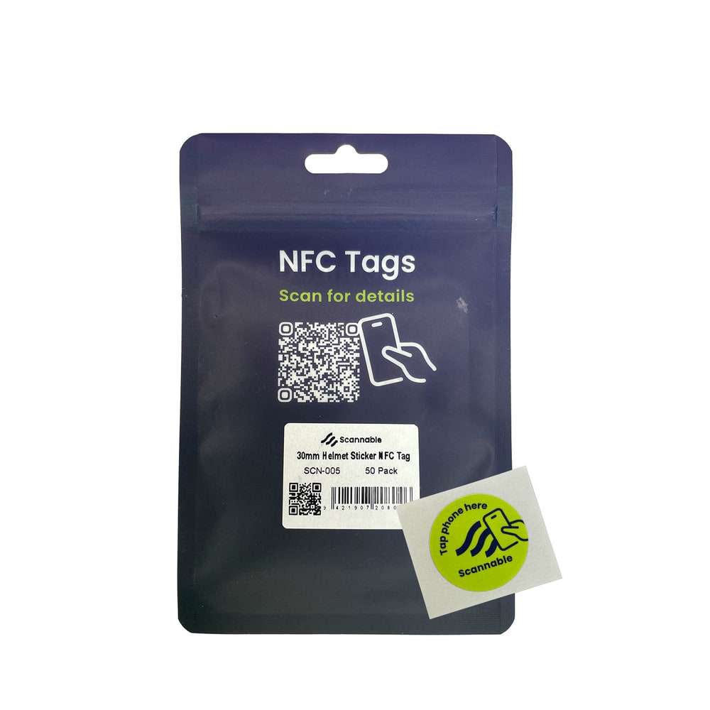 Back of the packaging with the inscription "NFC Tags Scan for details", two QR codes, a barcode and a single yellow helmet Sticker NFC Tag Sticker with black inscription "Tap phone here Scannable"
