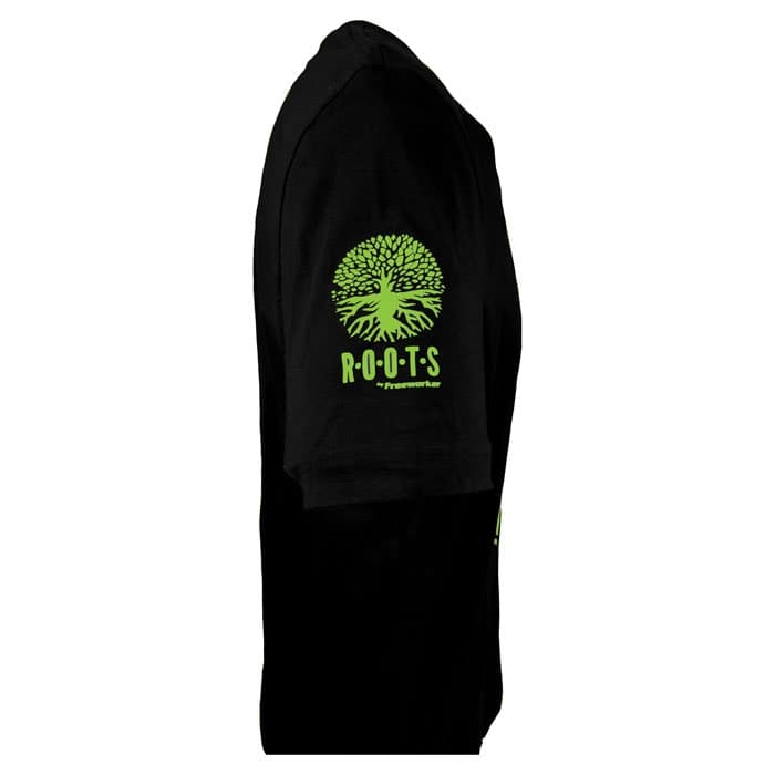 Inside Me black T-shirt with green logo "ROOTS by Preserverwear" on the sleeve, side view