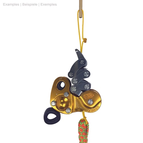 Gold-coloured Petzl ZigZag rope device with yellow rope and green-red rope end, hanging on yellow rope