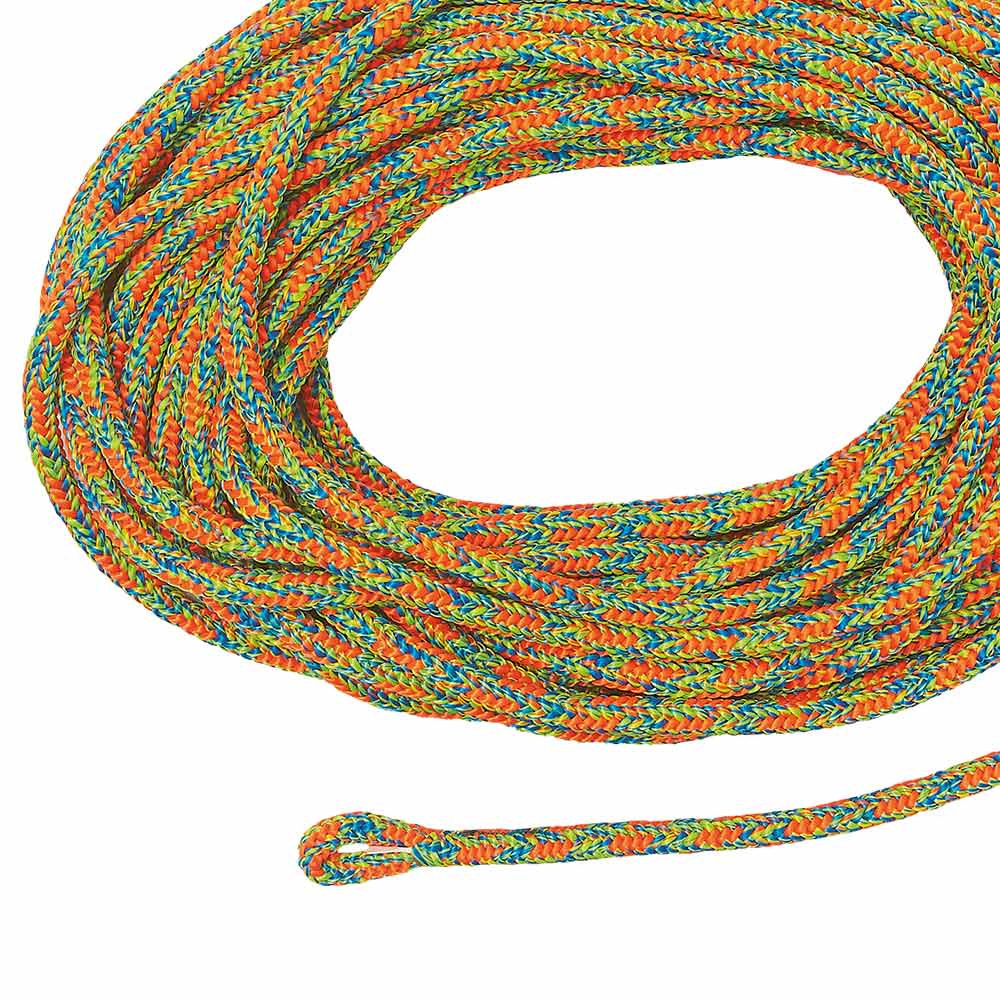 Komora long, colorful braided rope with orange, green, blue and yellow, coiled with visible loop at the end