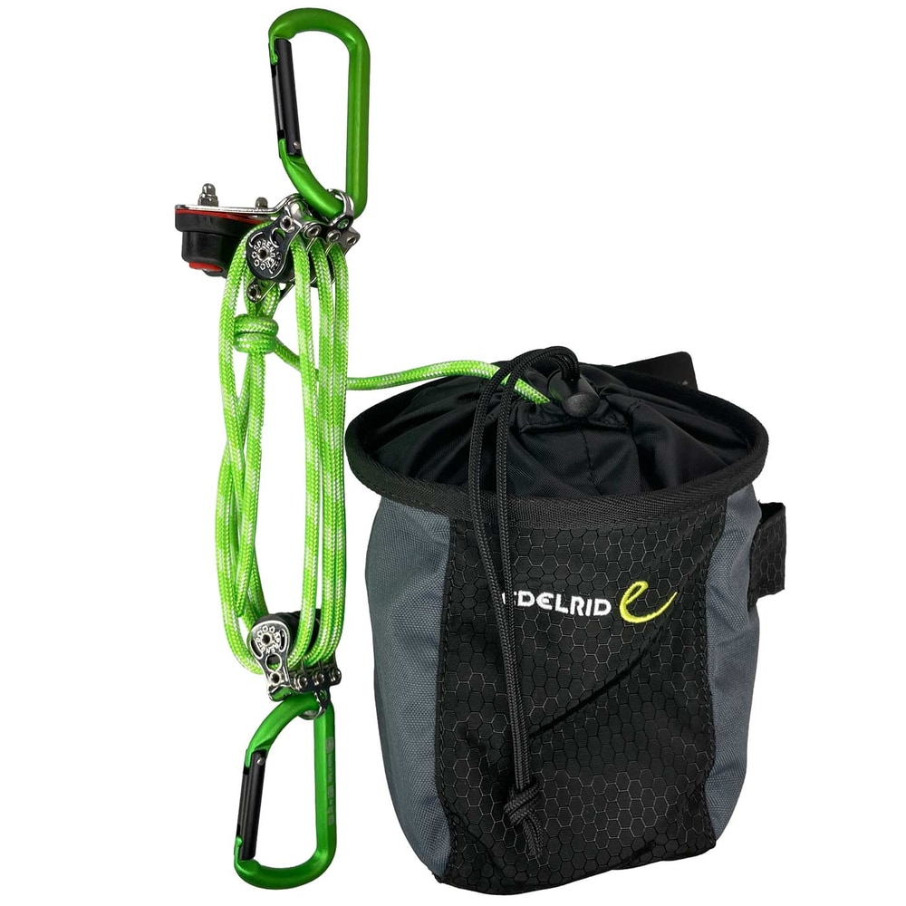 Minilift by Edelrid with green carabiner, green ropes and black bag with drawstring
