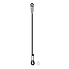 Petzl Jane-I, gray belay device with black rope with yellow dots and white stitching, plus a small transparent plastic ring