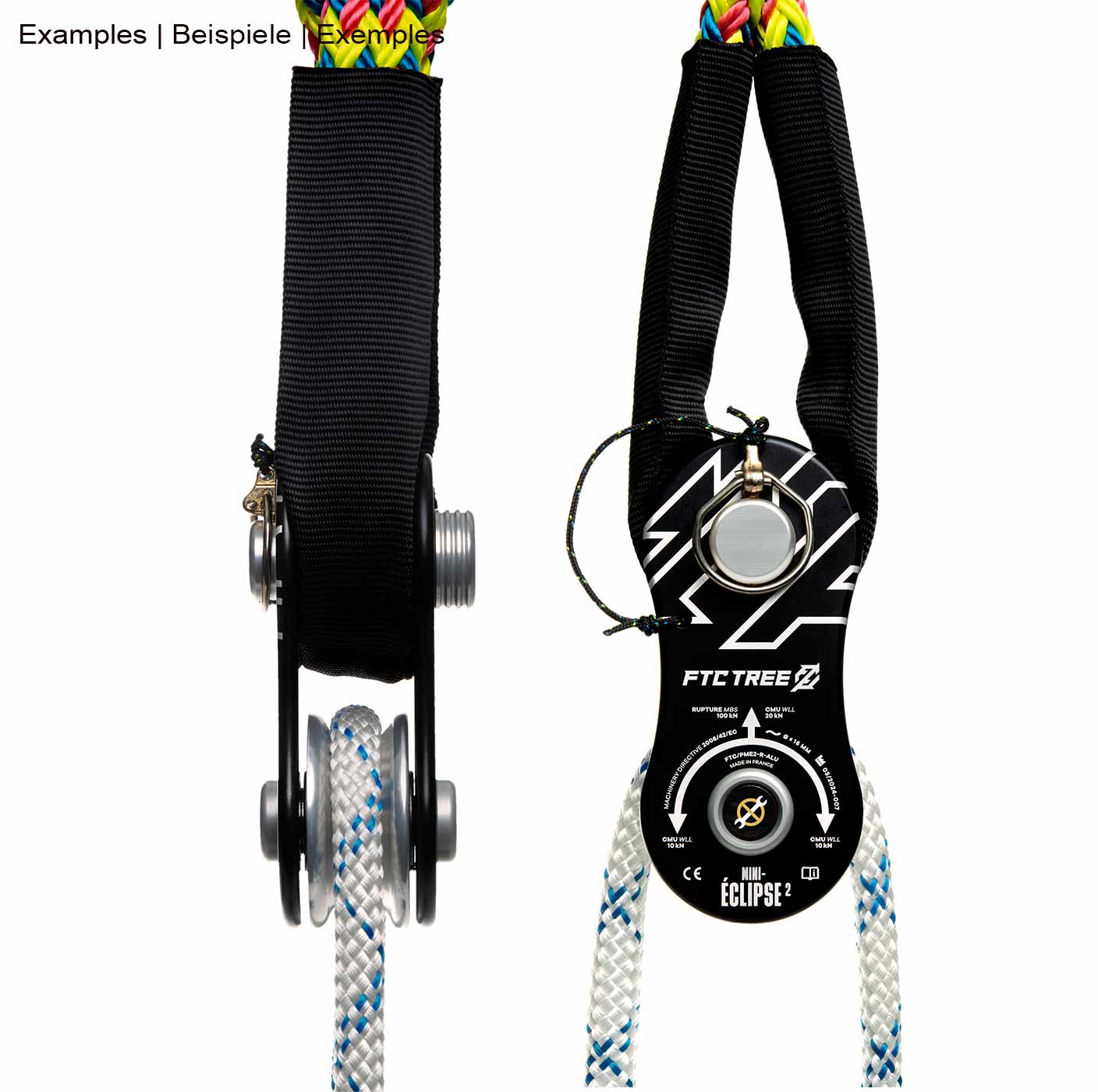 Mini-Eclipse 2 Alu, black pulley with white prints and metal pulley, attached to the pulley with two black loops and white rope