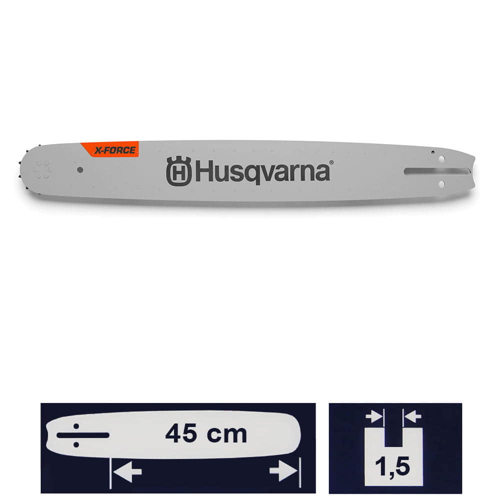 X-Force Rail 18 / 3/8 SM from Husqvarna, grey rail with black Husqvarna logo and orange X-Force lettering, length 45 cm and width 1.5 mm shown on two small symbolic images