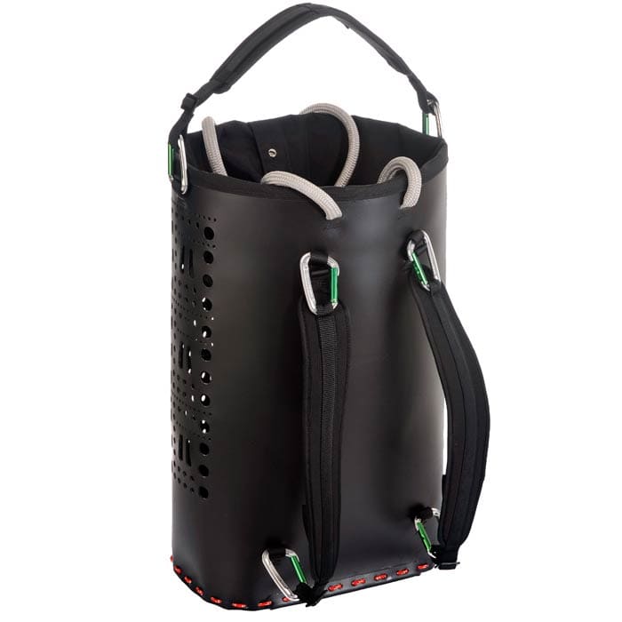 ropeBUCKET 80, black cylindrical container with grey handle loops, two black padded straps and green carabiners on the sides