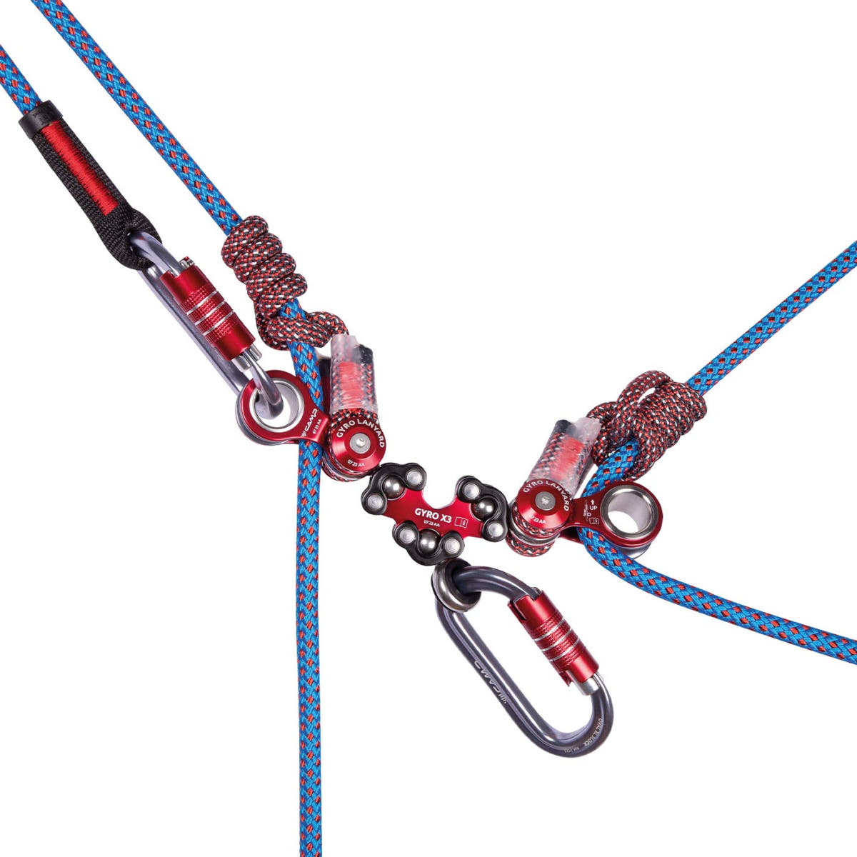 Gyro Lanyard Double with blue and red climbing ropes, red metal rollers, black protective cover and two grey carabiners with red clasp
