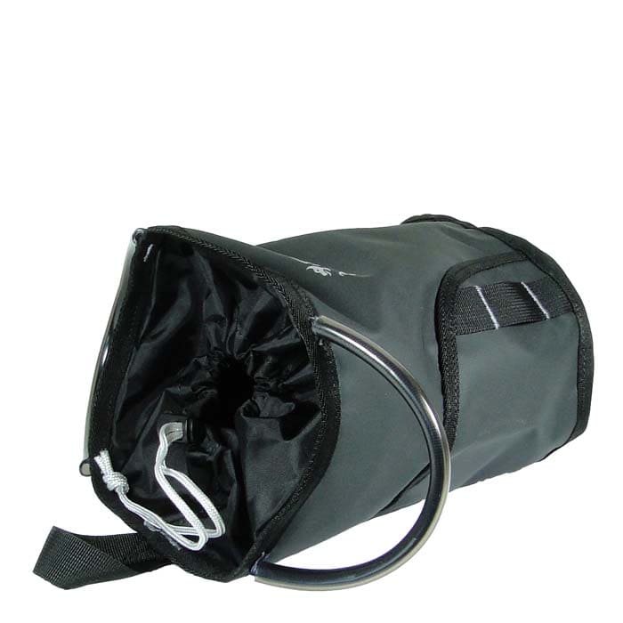 DMM Tool Bag 4, black horizontal tool bag with open top closure, two metal eyelets on the sides and drawstring closure