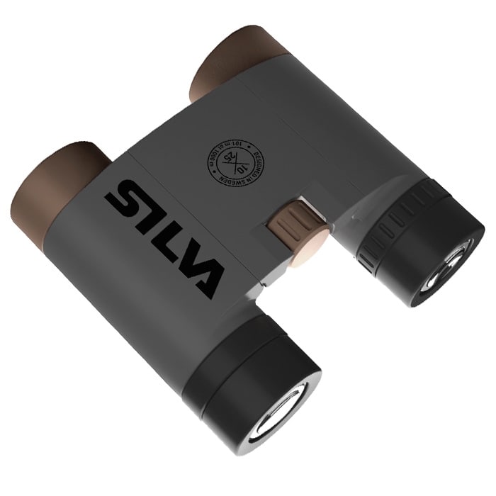 Silva Epic 10 binoculars in grey and black with brown eyepieces and central focusing