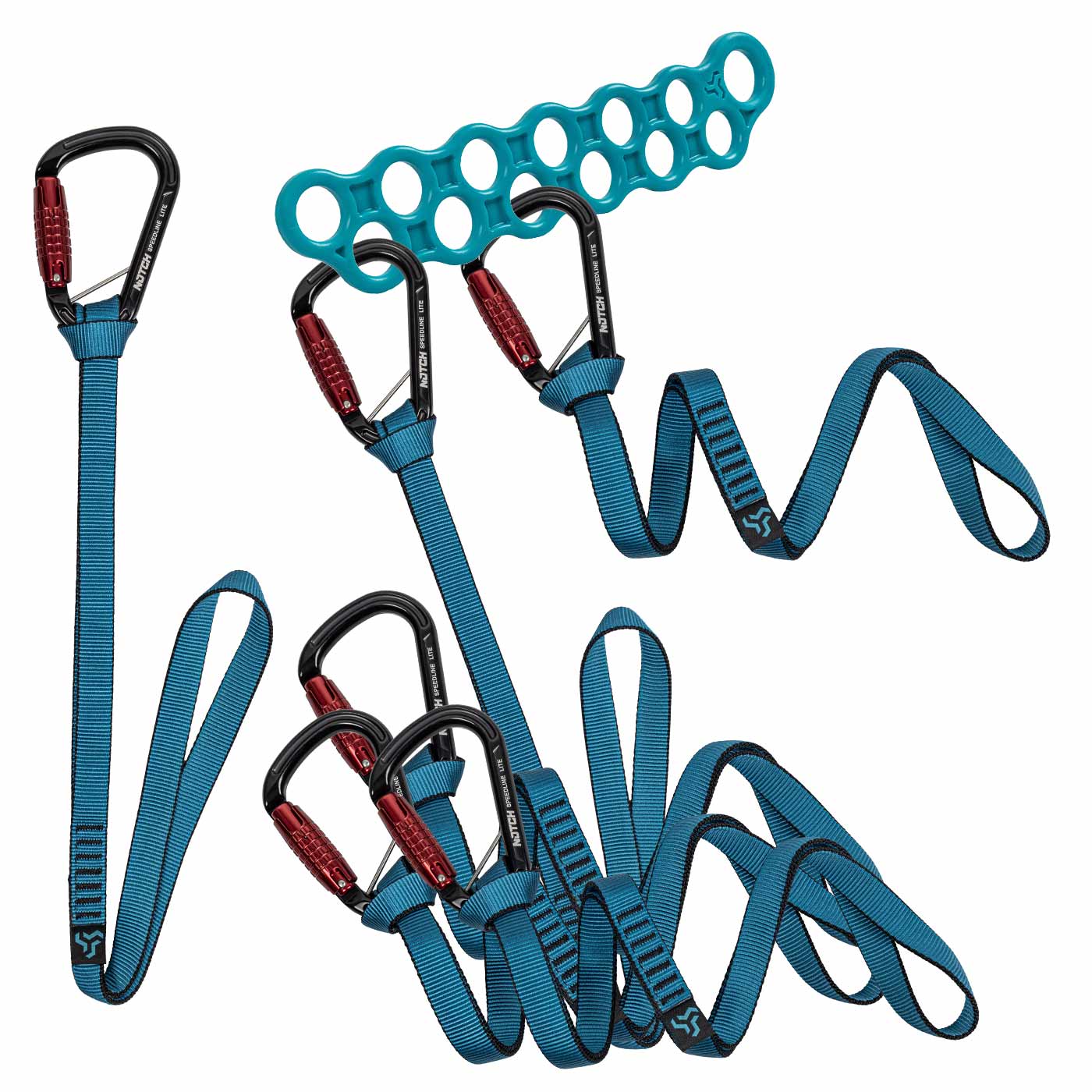 Speedline Lite Kit 26" with several blue webbing slings, black and red carabiners and a blue belay device, manufacturer and product type not visible