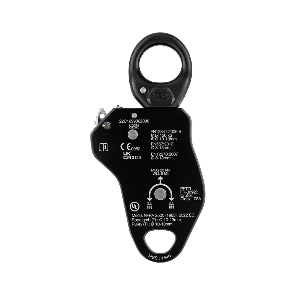 Back of the Petzl Pro Traxion pulley in black with technical specifications and test mark in white