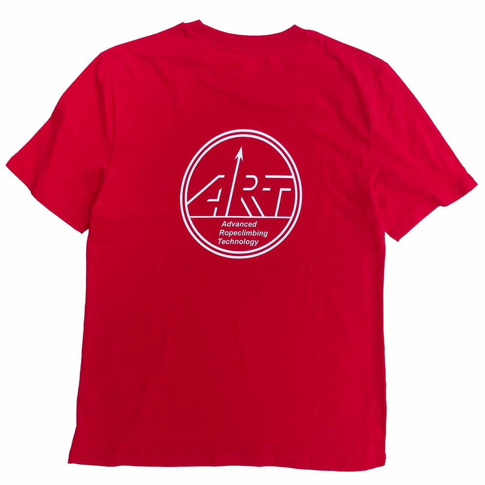 Back of the red ART Spider shirt with white ART logo and lettering "Advanced Ropeclimbing Technology"