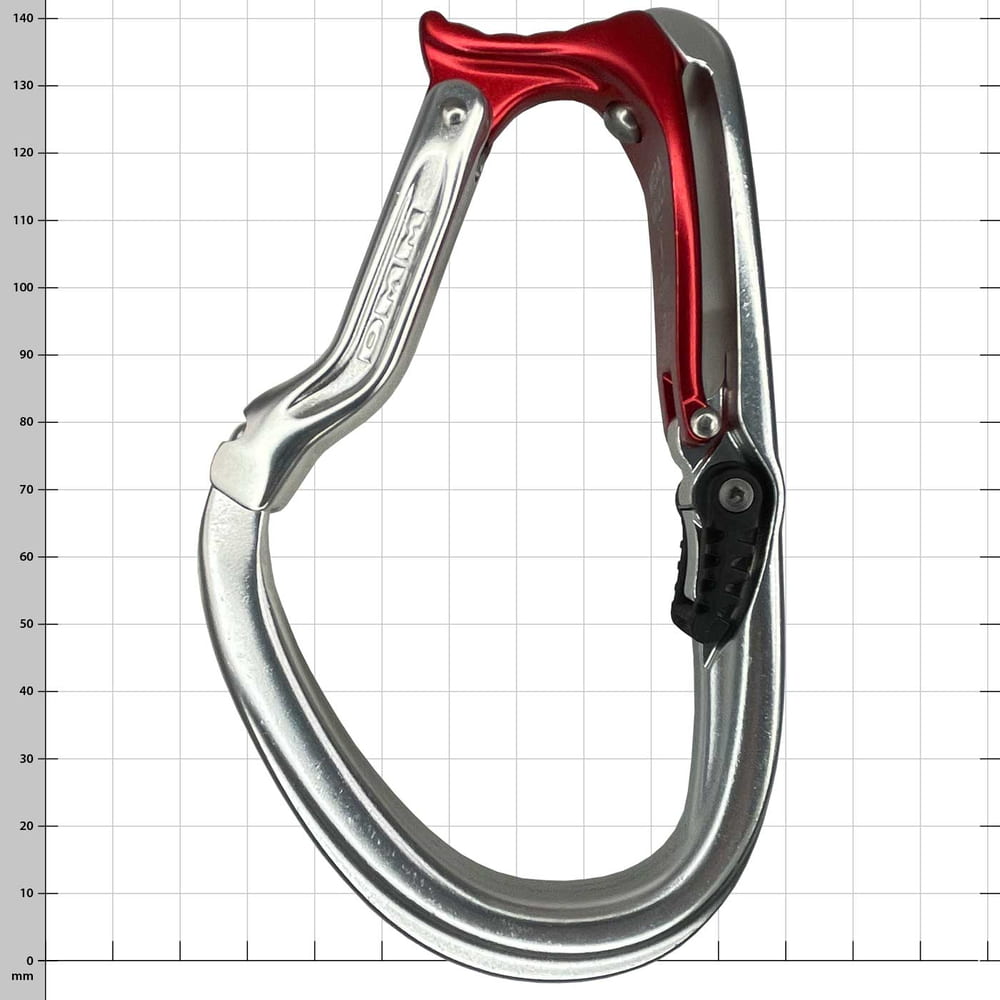 Mega Vault carabiner in silver and red with black closure mechanism, product name and manufacturer visible on the carabiner