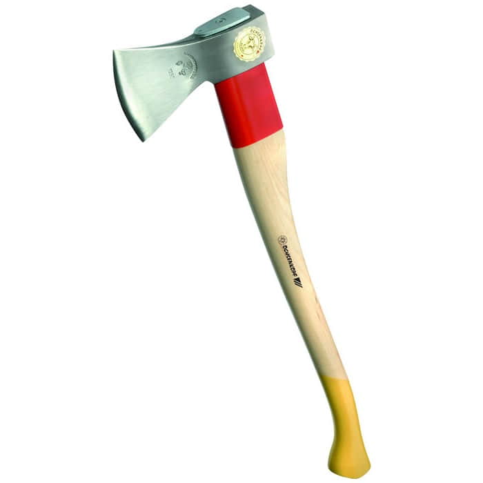 Universal Gold Forestry Axe Red Ribbon Plus 700 by Ochsenkopf with Red and Yellow Wooden Handle and Silver Axe Blade