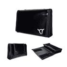 Black Belt Pouch with black border and white bull head logo, shown closed, from the back and opened with Velcro, product name Belt Pouch visible