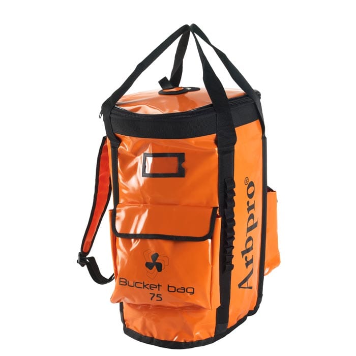 Bucket Backpack 75 by Arbpro in orange with black edge, carrying handles, shoulder straps and front pocket with flap