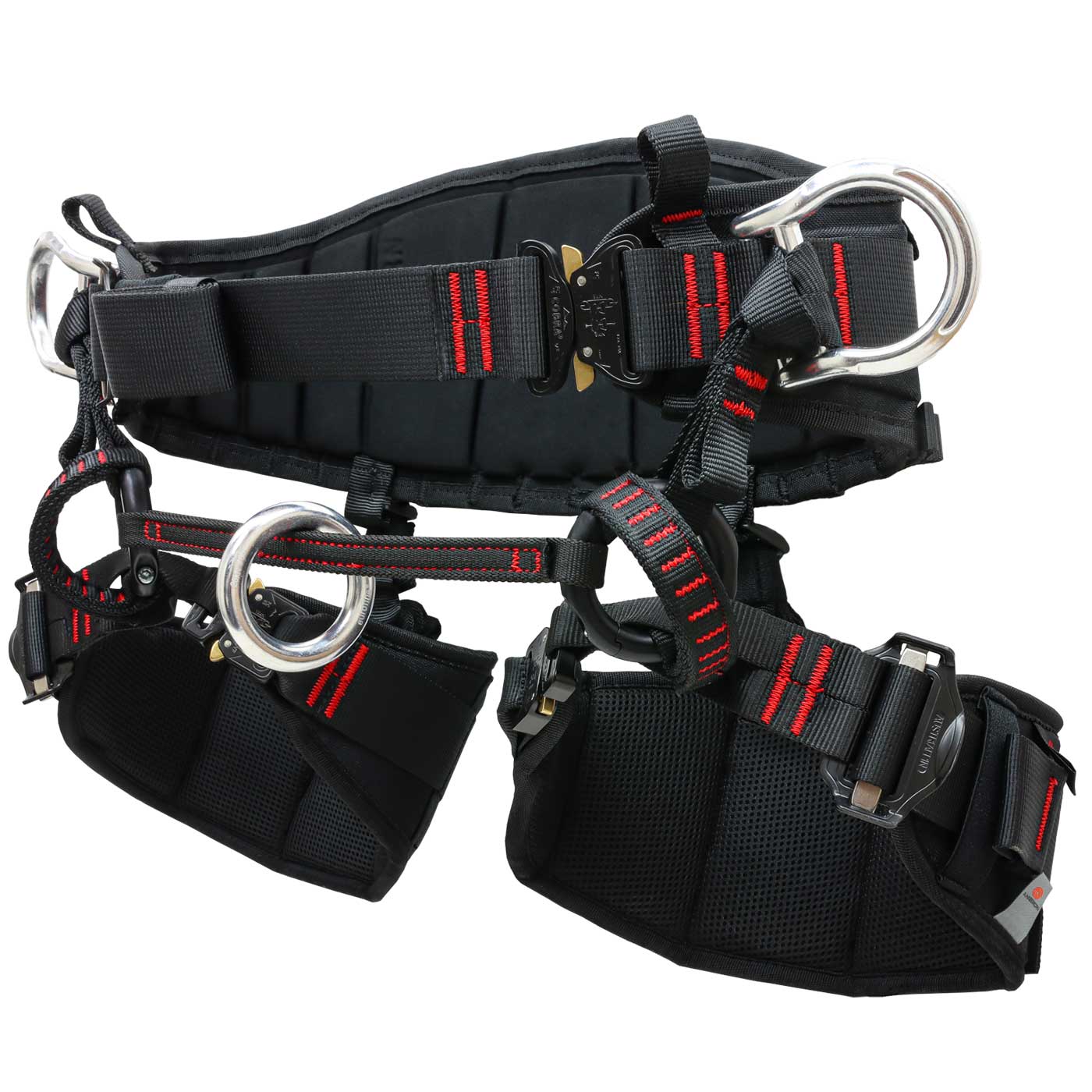 Black climbing harness treeAustria Pro size 3 with red stitching, metal rings and padded leg cuffs from the side