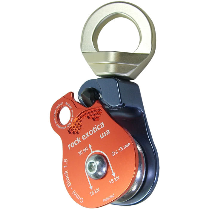 Omniblock 1.5 Single by rock exotica usa, pulley with red and blue housing and large silver eyelet ring at the top, side view with visible control knob