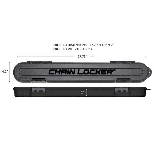 Chain Locker Black Plastic Chain Storage Box with Product Dimensions 27.75 x 4.2 x 2 inches Closed and Side