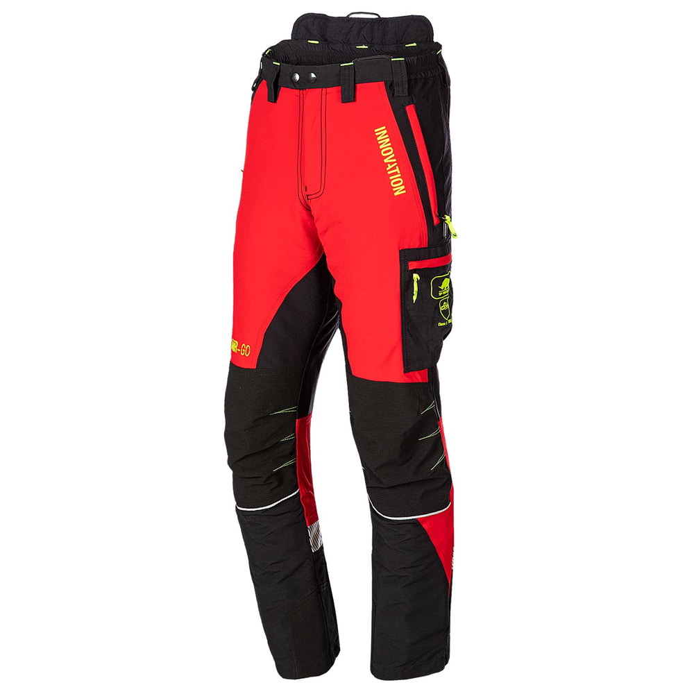 Canopy AIR-GO work trousers in red and black with yellow details and lettering INNOVATION
