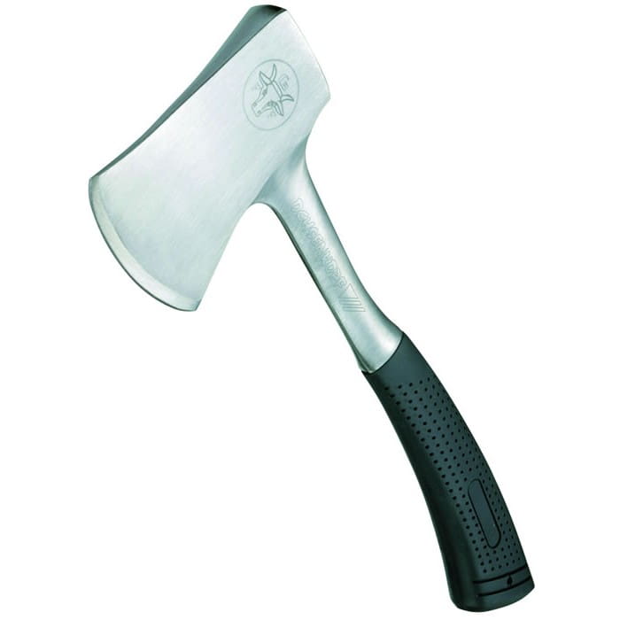 All-steel axe 350 with black handle and silver blade engraved with an oxhead logo