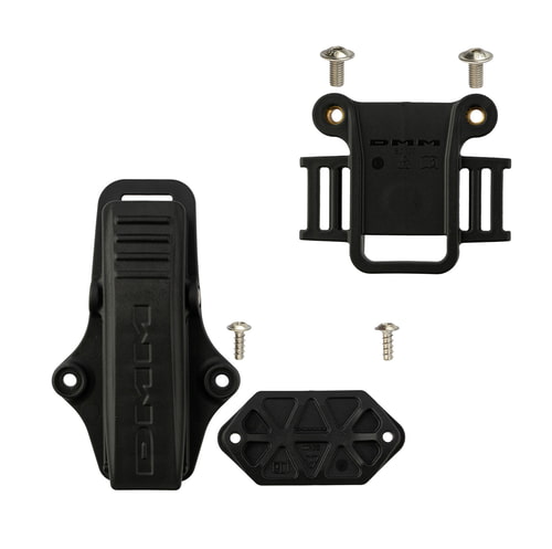 Caiman by DMM, black plastic parts with screws on a white background, including clip and brackets