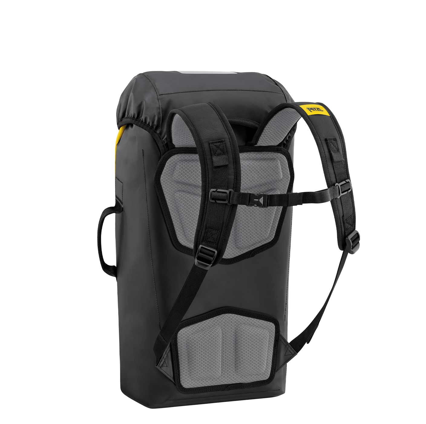 Back of the Petzl Transport 30 backpack with padded straps, sternum strap and back padding in black