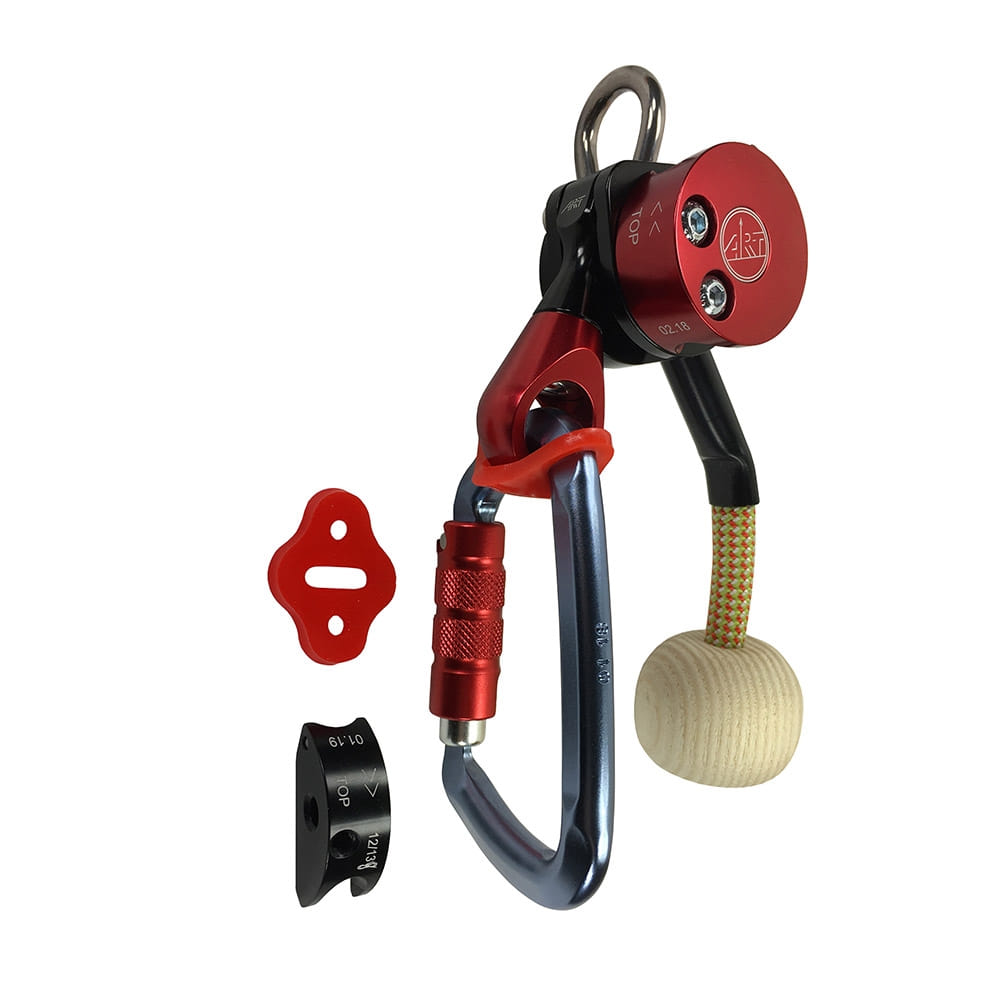 LockJack 2 climbing frame with red metal housing, grey carabiner, red lock and wooden handle on yellow-red rope, plus red and black individual parts