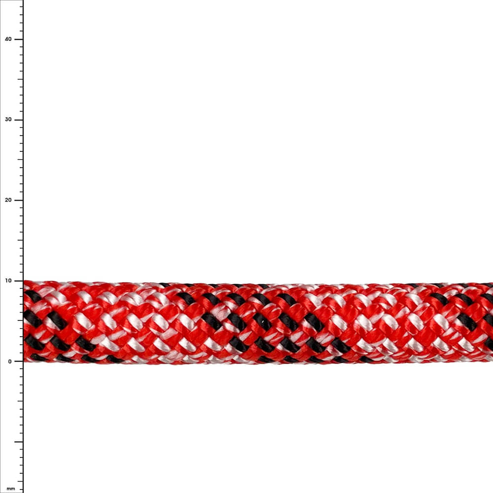 Python climbing rope in red, black and white, detail view of the braided material