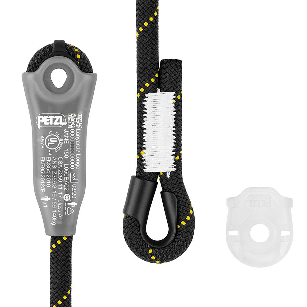 Close-up of the Petzl Jane-I belay device with inscription, black rope with yellow dots and white stitching, plus a small transparent plastic ring