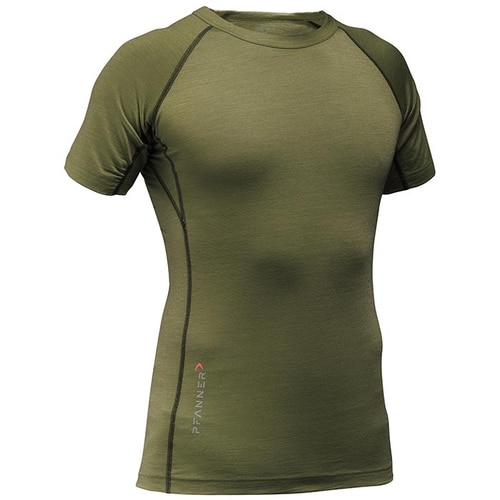 Merino-Tencel shirt in olive green with short sleeves and round neck, manufacturer Pfanner visible at the lower left edge