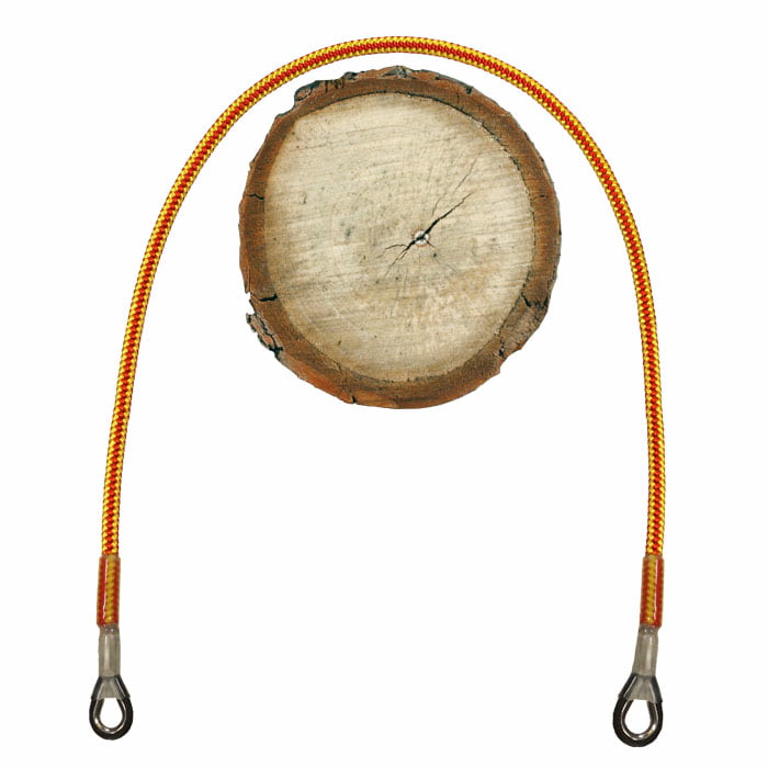 Flex Fly, a yellow and red flexible rope with metal eyelets at both ends, lies over a round wooden disc