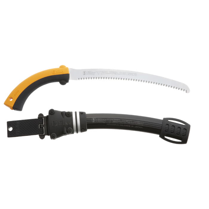 Tsurugi Curve 270-10 hand saw with curved, serrated metal blade and yellow-black handle, next to black plastic sheath