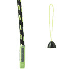 Close-up of a green end of a black and yellow rope next to a small black cap with yellow ribbon of the Adjustable Cambium Saver