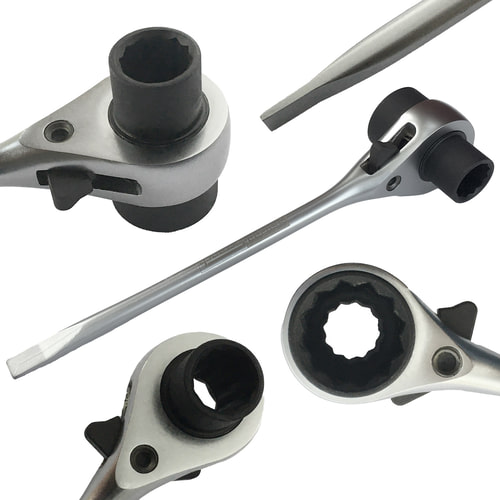 Four detail views of the RatchetScrench ratchet wrench, showing the black cylindrical head, flat screwdriver and lever in different positions.