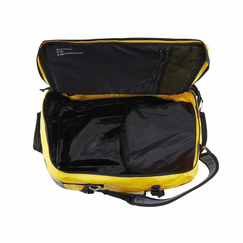 Opened yellow PETZL Duffel 65 bag with visible interior, black lining and mesh compartment in the lid