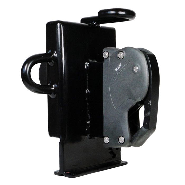 LD1 rigging system, black metal housing with gray lever and two round handles
