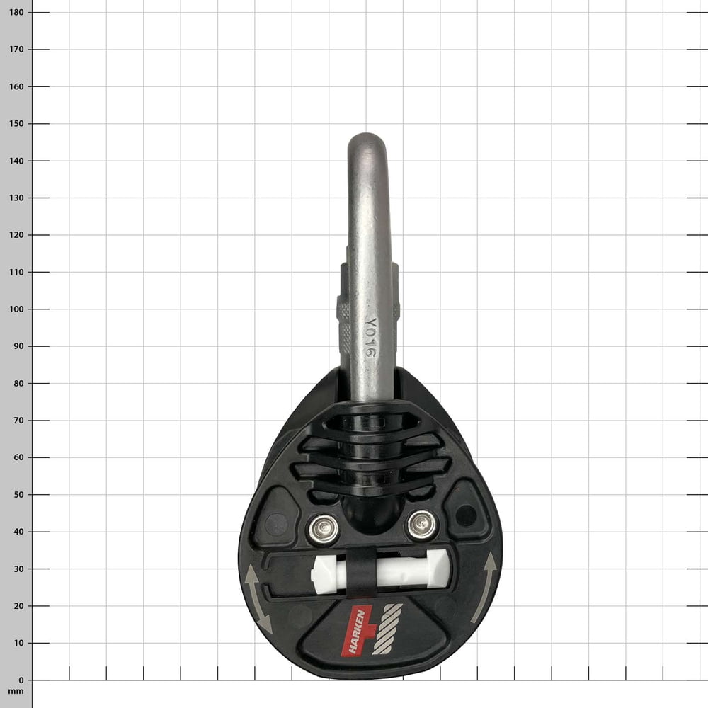 Snatchet 65 Ratchet by Harken with silver carabiner and black plastic housing, top view