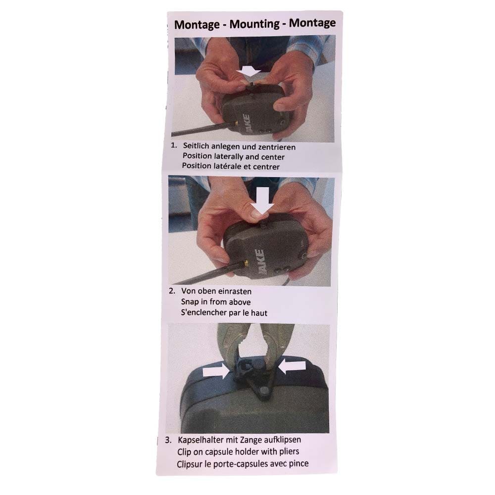 Installation instructions for adapter ECC / 3M bracket adapter with three photos and text in German, English and French showing the attachment of the adapter to an earmuff