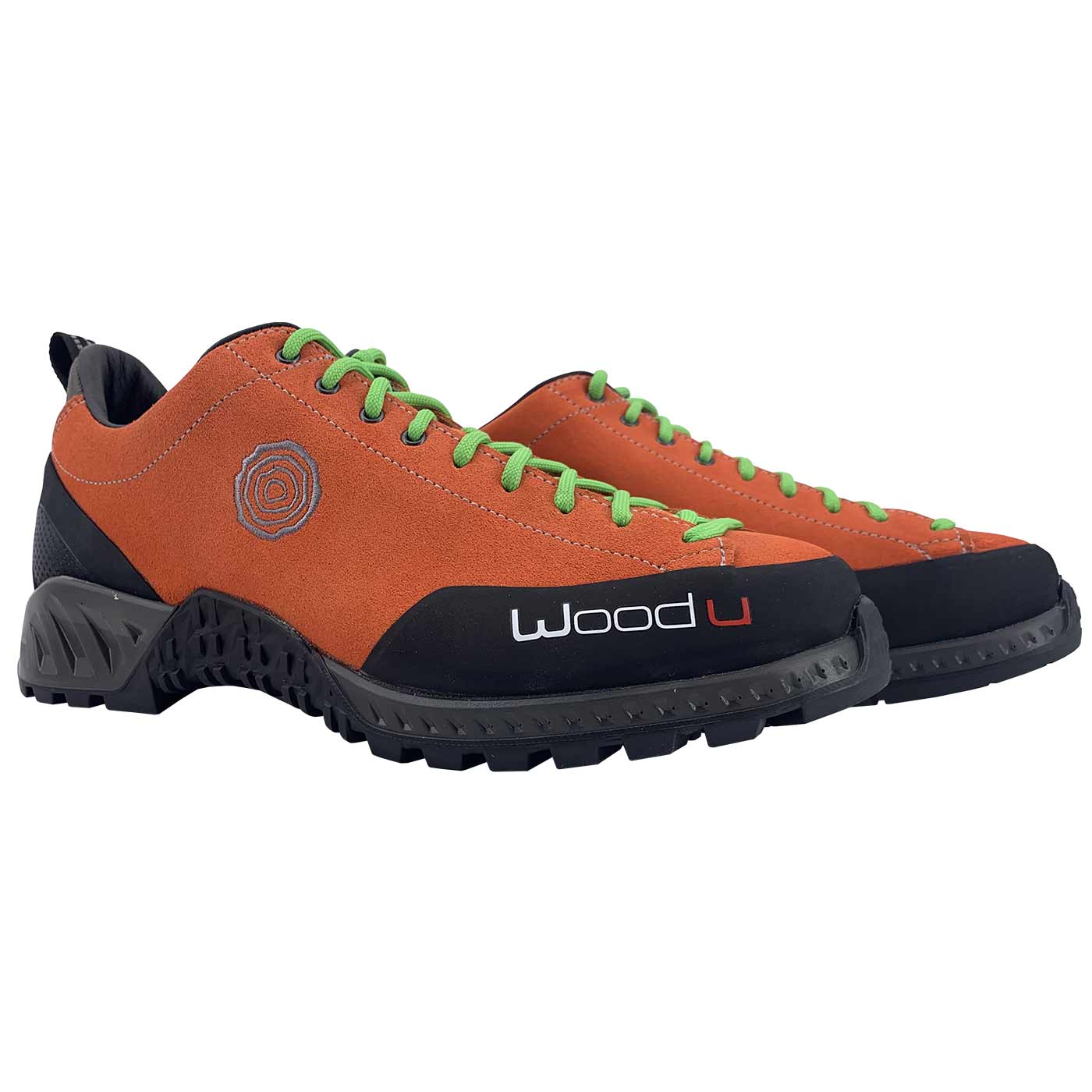 Woodu Leaf orange with green laces, couple view from the front, manufacturer Woodu
