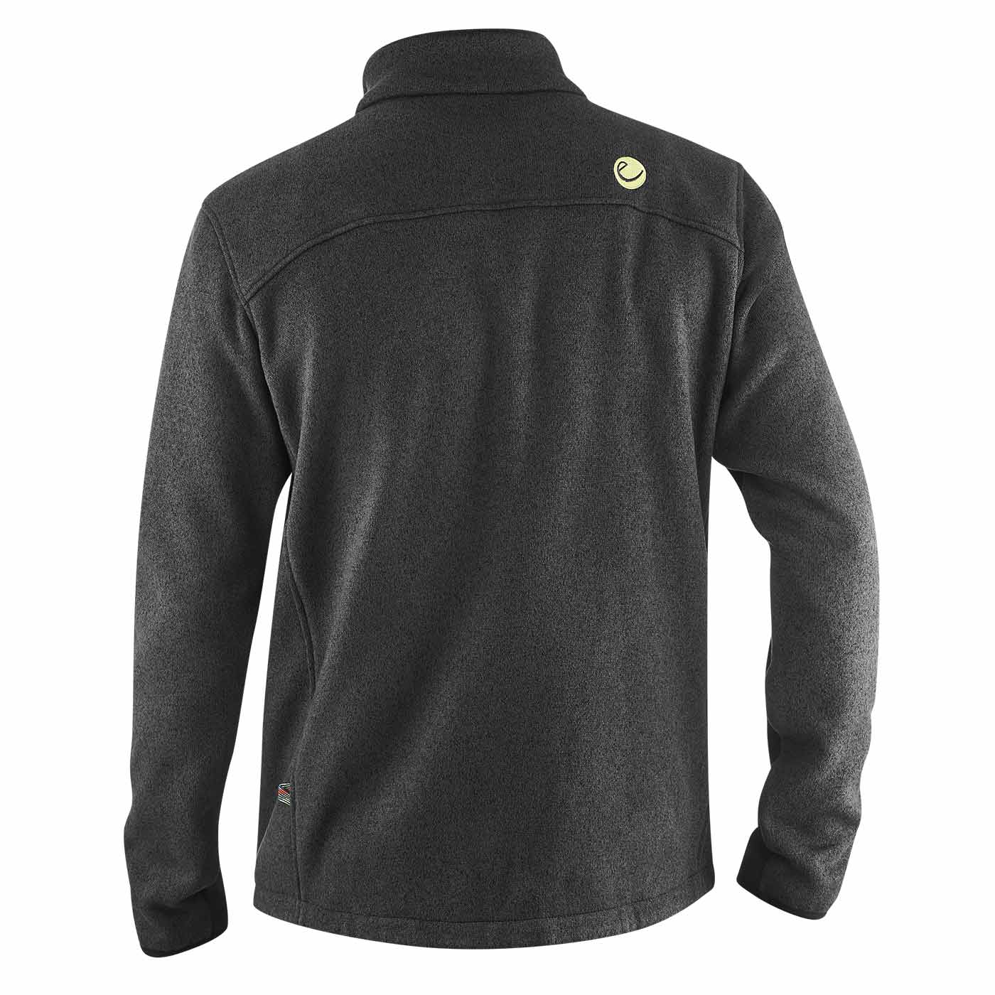 Back view of the Mylodon Jacket in dark grey with a small yellow logo on the collar