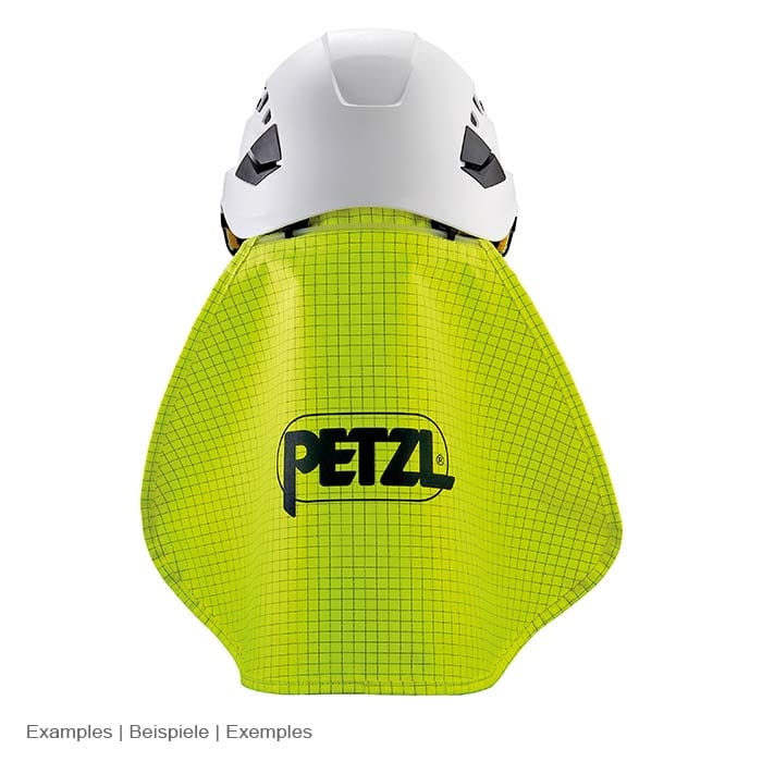 White helmet with light green Petzl neck protector attached to the helmet, with black check pattern and black Petzl logo in the center