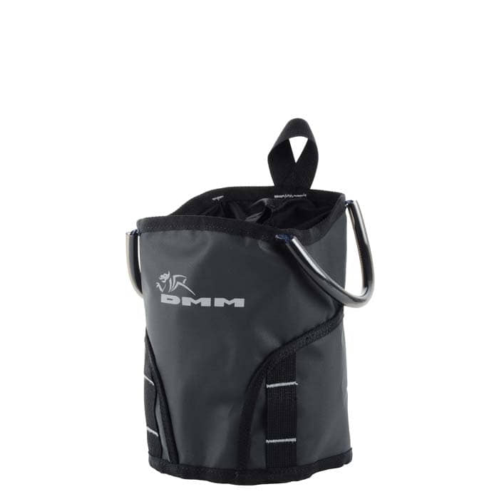 DMM Tool Bag 4, black tool bag with silver DMM logo and two black loops on the sides, two metal eyelets on the sides and a black loop on the top