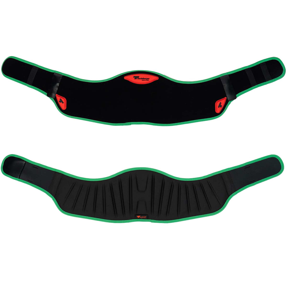 treeMOTION Ultra Comfort Padding, two black pads with green edge, one with a smooth surface and red Teutoburger logo, the other with a padded surface and red Teutoburger logo