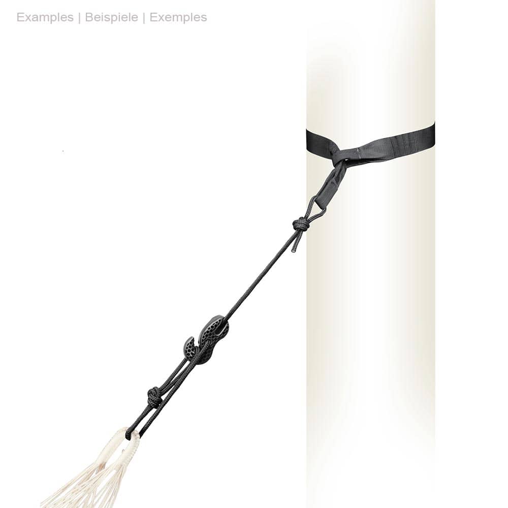 Black rope with plastic hook of the TreeMount Hammock of La Siesta on white background