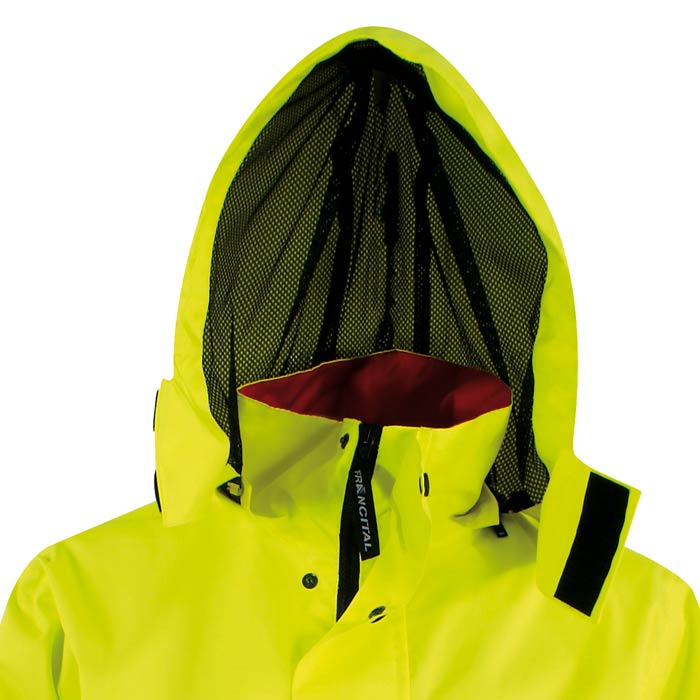 Saugues parka, close-up of hood with mesh lining and red lining, manufacturer name Francital visible