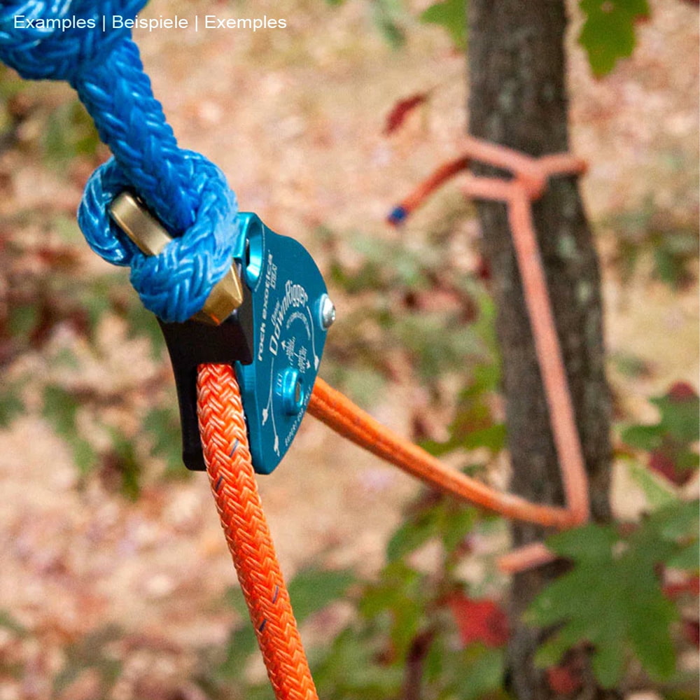 Rock Exotica Omni DownRigger in blue attached to a tree with blue and orange rope, manufacturer Rock Exotica, type DownRigger