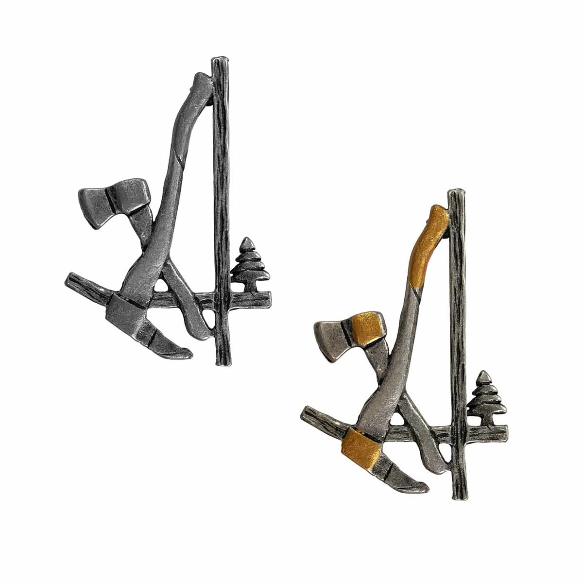 Wooden pin with two axes and a tree, silver-coloured with black patina and gold-coloured details