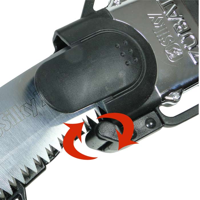 Close-up of the Silky Zübat 330-10 saw blade with black safety lock and red arrow for rotation