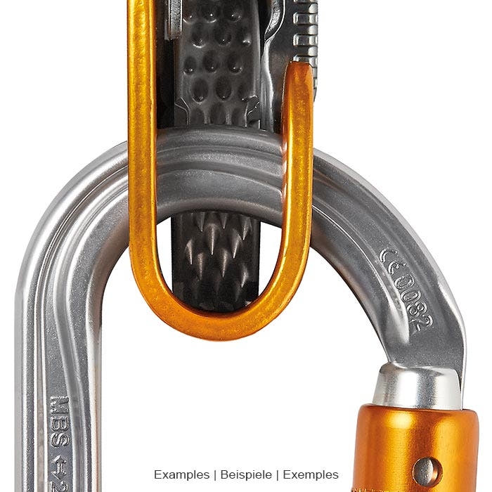 OK Triact, close-up of two carabiners, one silver with orange screw cap and one orange, connected to each other