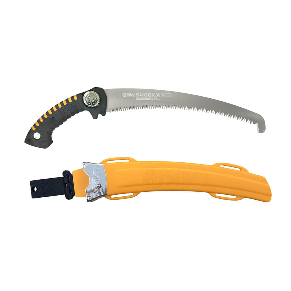 Silky Sugoi 330-6.5-5.5 Hand saw with curved saw blade and black handle with yellow accents, plus a yellow plastic sheath with black belt clip